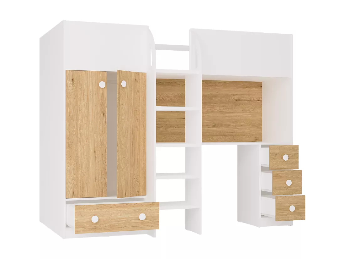 Lit mezzanine 90 x 190 cm avec armoire et bureau - Blanc et naturel - CINAMO