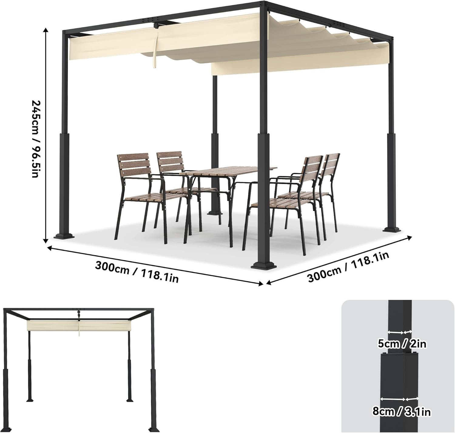 3x3m Outdoor Pergola Stabile Metallrahmen Gartenpavillon mit Wind- & Sonnenschutz Schiebedach, Freistehend Überdachung Einziehbare Markise für Garten Terrasse & Balkon (Beige)