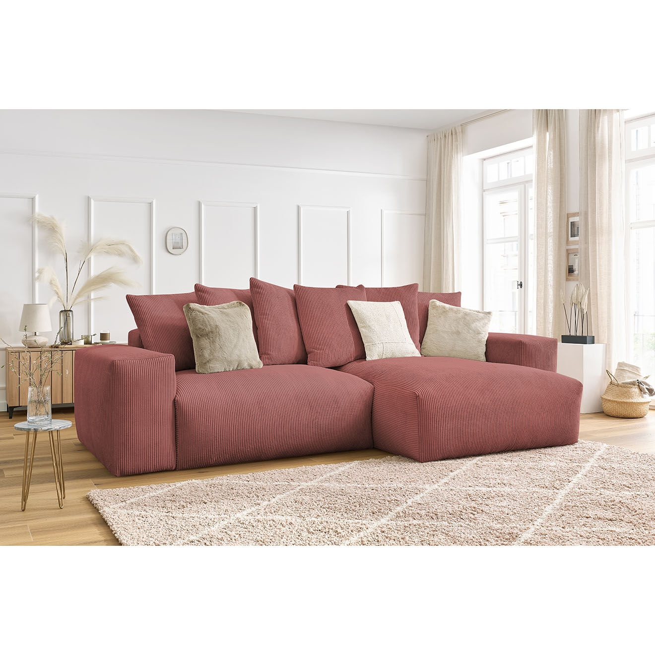 Bobochic Canapé d'angle réversible ultra moelleux voltaire velours côtelé rose - 310x174x75 cm