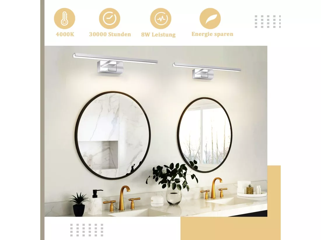 NETTLIFE Spiegelleuchte Led 8W et Blanc Neutre et 4000K Moderne Chromé 40cm