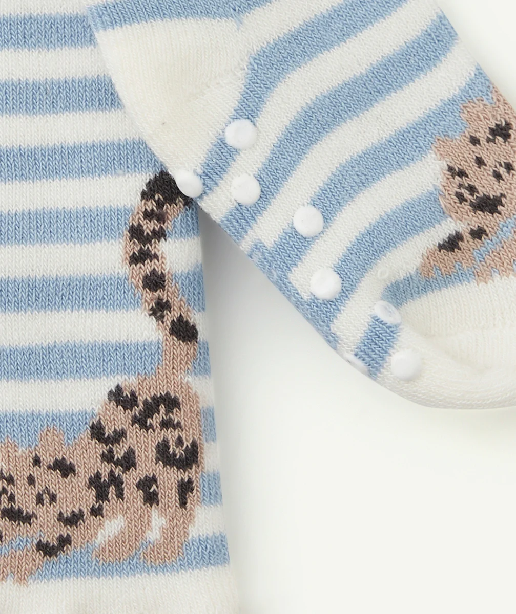 LA PAIRE DE CHAUSSETTES BÉBÉ FILLE ANTIDÉRAPANTES EN COTON BLEU ET BLANCHE