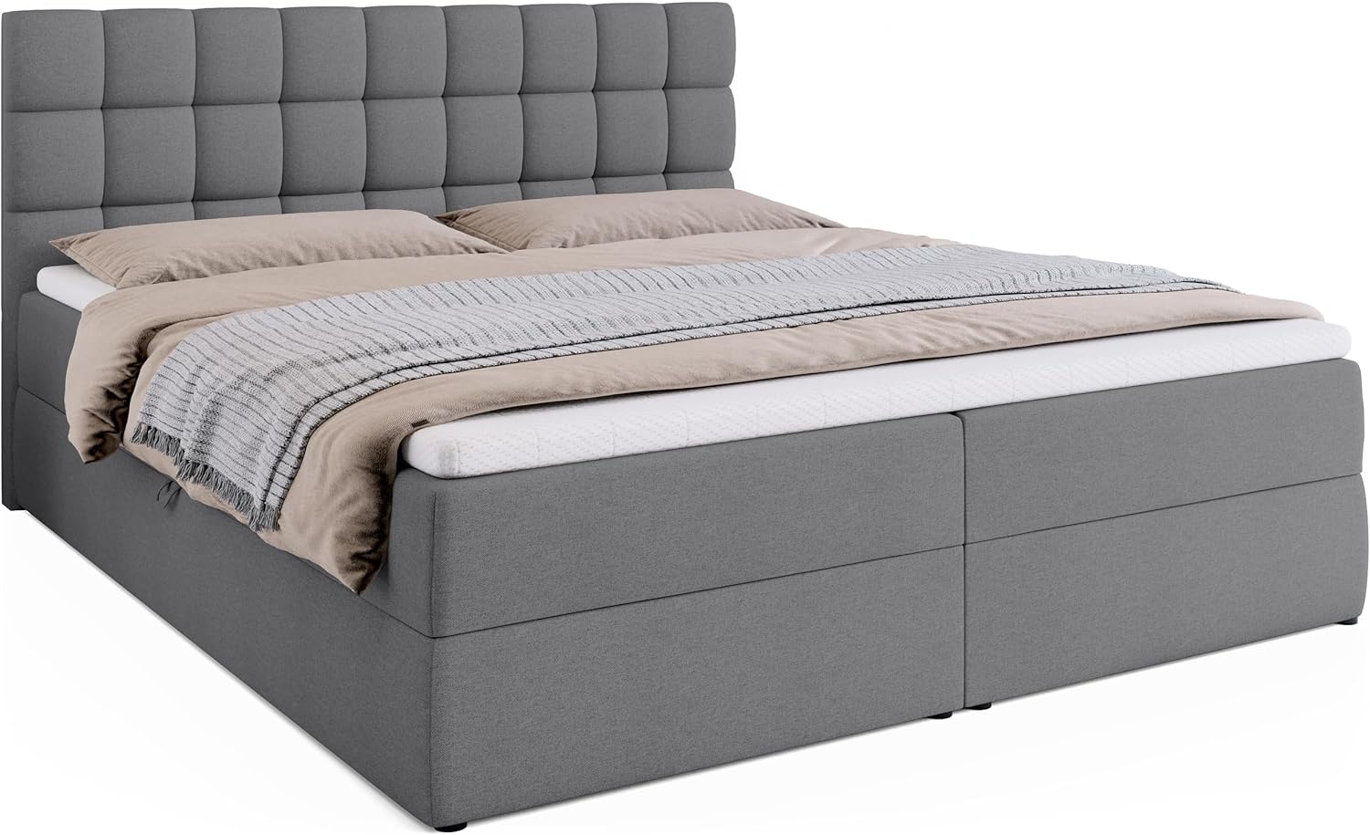 BROMARKT Boxspringbett mit Bettkasten Polsterbett mit Bonell-Matratze und Topper Bett für Schlafzimmer gepolstertes Kopfteil Dakota bonellfedern 180x200 Härtegrad H3 Grau Malmo