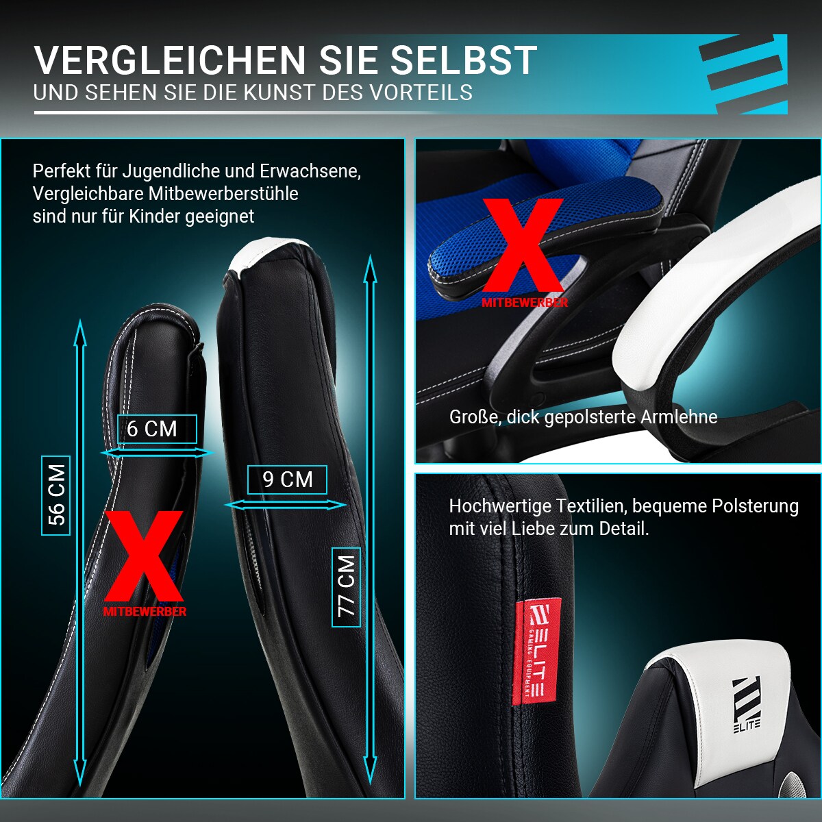 ELITE Gaming-Stuhl EXODUS, Memory-Schaum, extra hohe Rückenlehne, Wippmechanik, Armpolster, MG100 (Schwarz Rot)