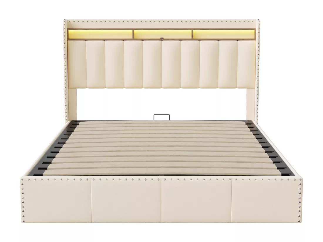 Lit Coffre 140×200cm, Lit Rembourré en Velours Beige, avec Port USB, Port de Type-C et LED, Coffre de Lit Rangement, Sommier