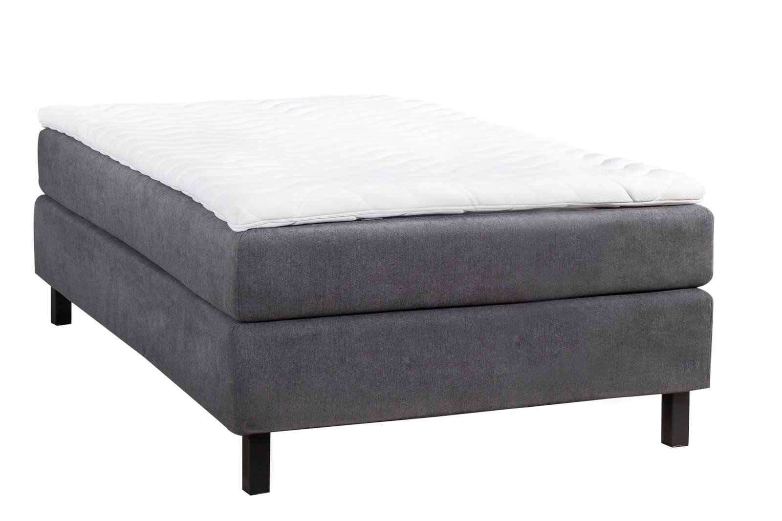 Komfort 5 kontinentalseng 120x200 cm i tekstil Primo mørk grå 96 med medium fasthet, Komfort 5 overmadrass og firkantet sorte ben 15 cm