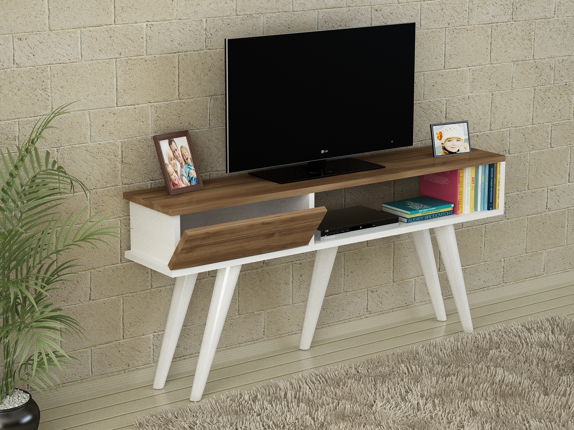 TV Lowboard Eylül Weiß Walnuss