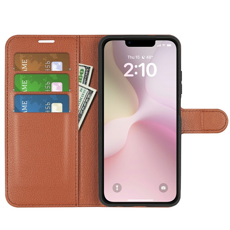 iPhone 16e Leder Tasche Flip Cover Litchi Look - Braun