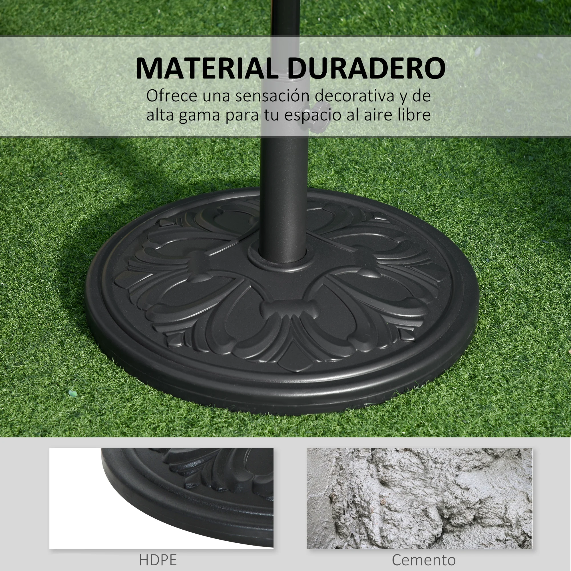 Base para guarda-sol Outsunny, peso 13 kg, redonda, feita de HDPE e cimento, para hastes de guarda-sol de Ø35/38/48 mm, para terraço, pátio, jardim, praia, Ø48x34 cm, preta.