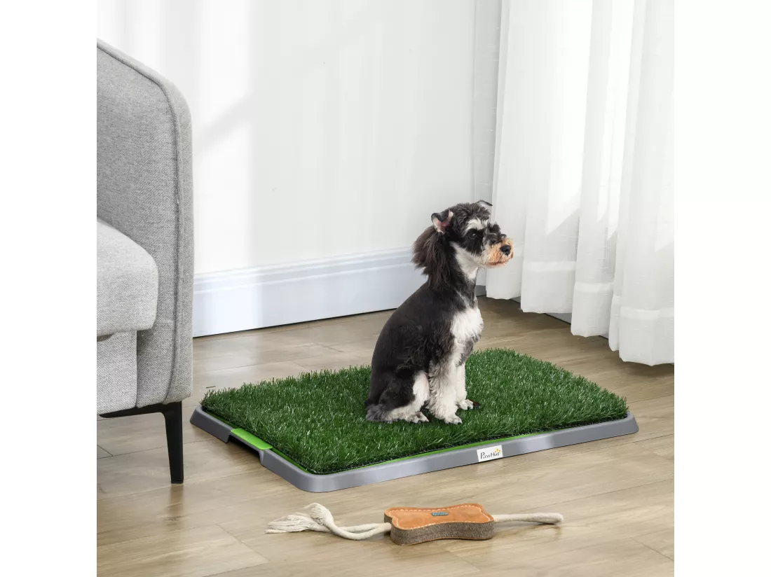 Toilette pour chien litière avec 2 tapis en gazon artificiel avec bac pour l'apprentissage de la propreté à l'intérieur et à l'extérieur, tapis d'entraînement pour Animaux, 67 x 41 cm