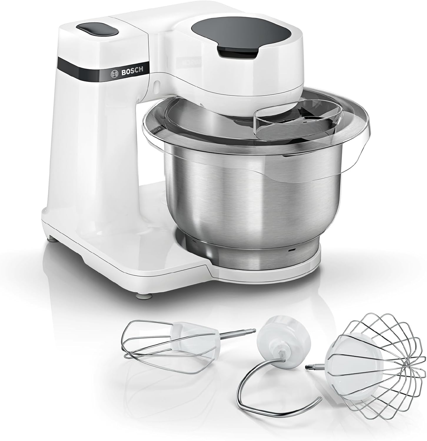 Küchenmaschine Serie 2, kleine Küchenmaschine, Edelstahl-Schüssel 3,8 L, Knethaken, Schlag-, Rührbesen spülmaschinenfest, 4 Arbeitsstufen, 700W, weiß, MUMS2EW00