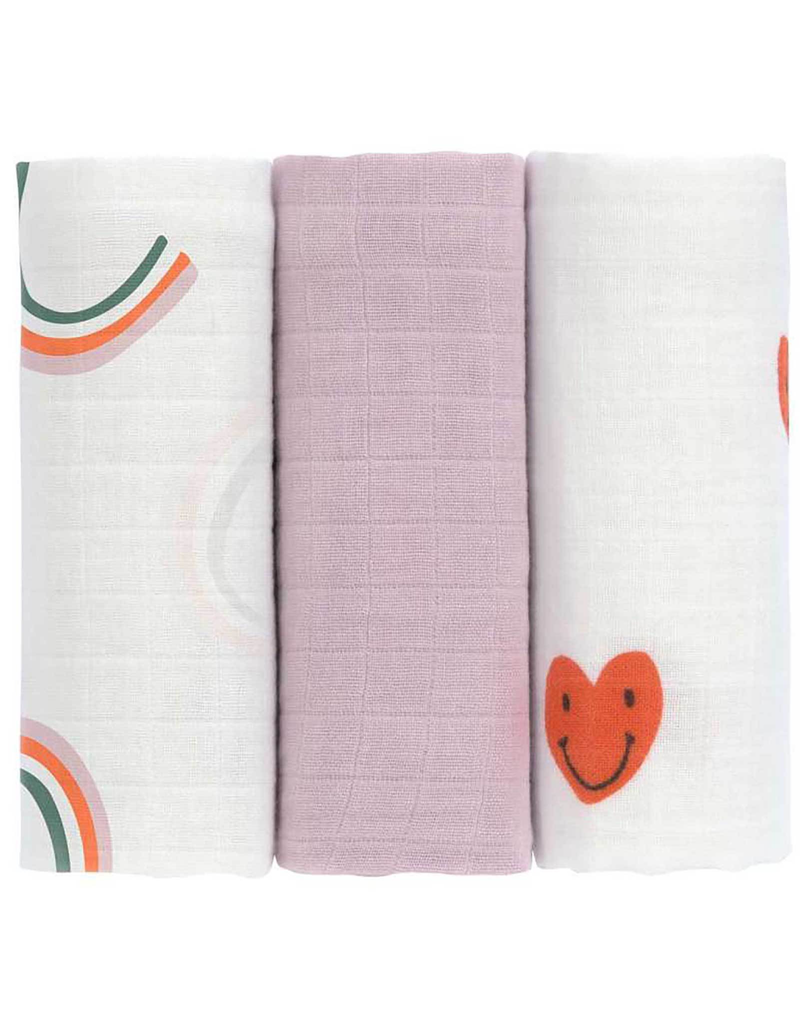 Mulltücher HAPPY RASCALS HEART (60x60) 3er-Set in lavender