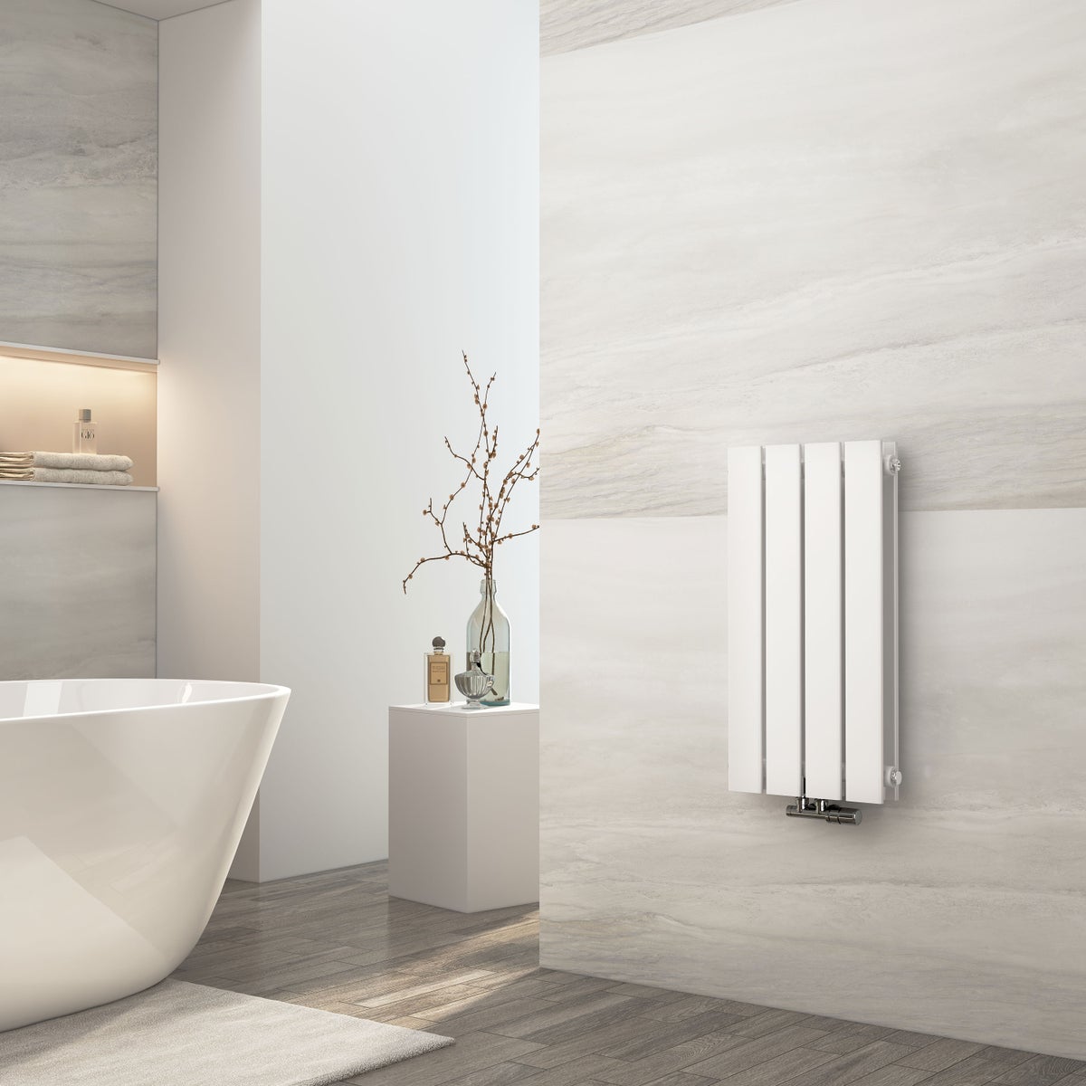 EMKE Radiator 600 x 300 mm Platte radiator Kleine design paneelradiator, verticaal dubbellaags, middenaansluiting, 446W Wit