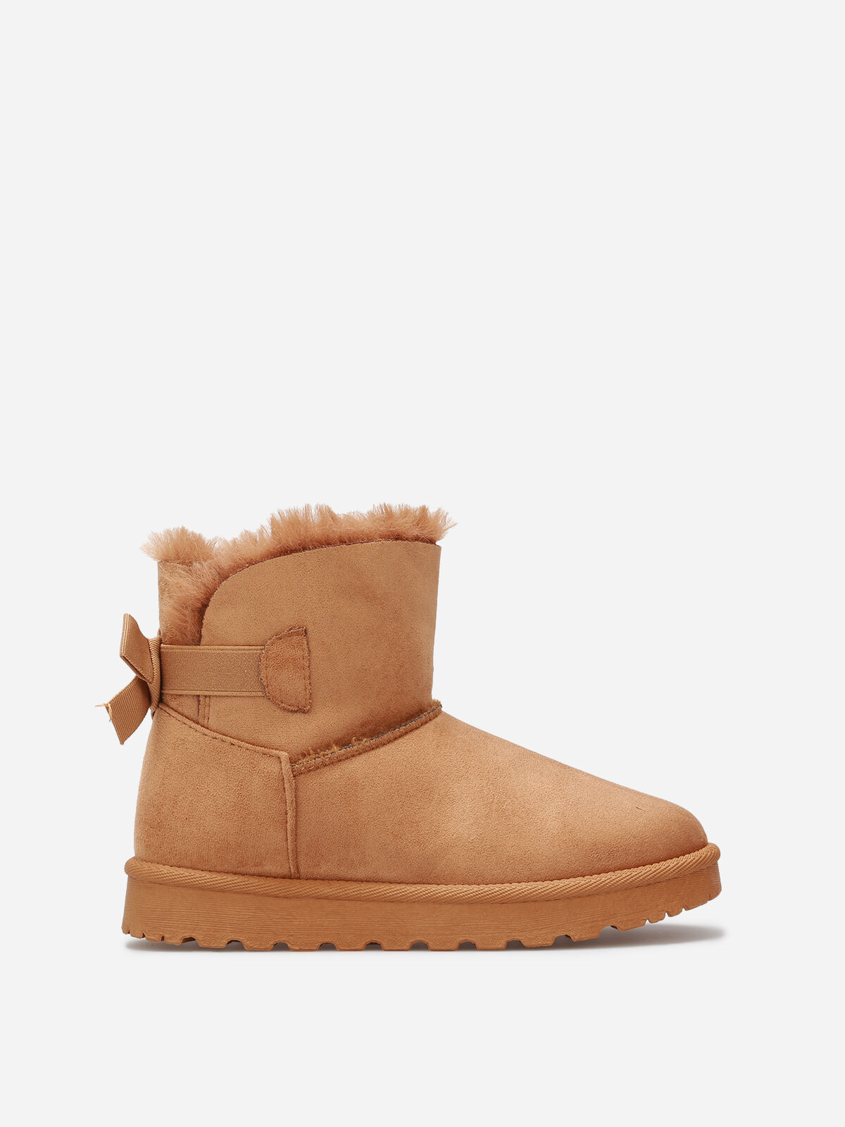 Boots en suédine fourrées à ruban noué- Camel