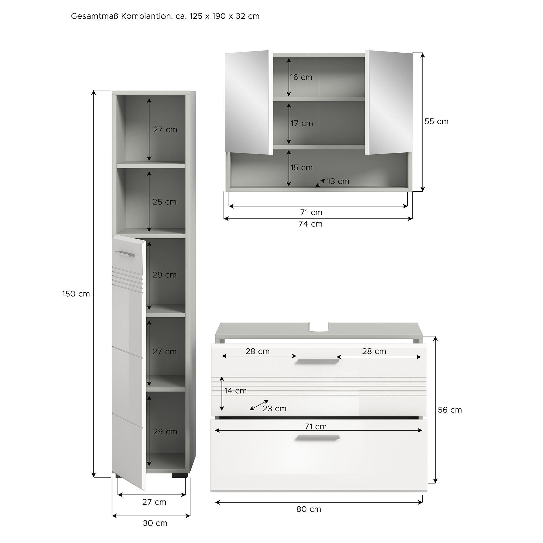 3-teiliges Badmöbel-Set COPA - weiß Hochglanz - hellgrau - 125 cm
