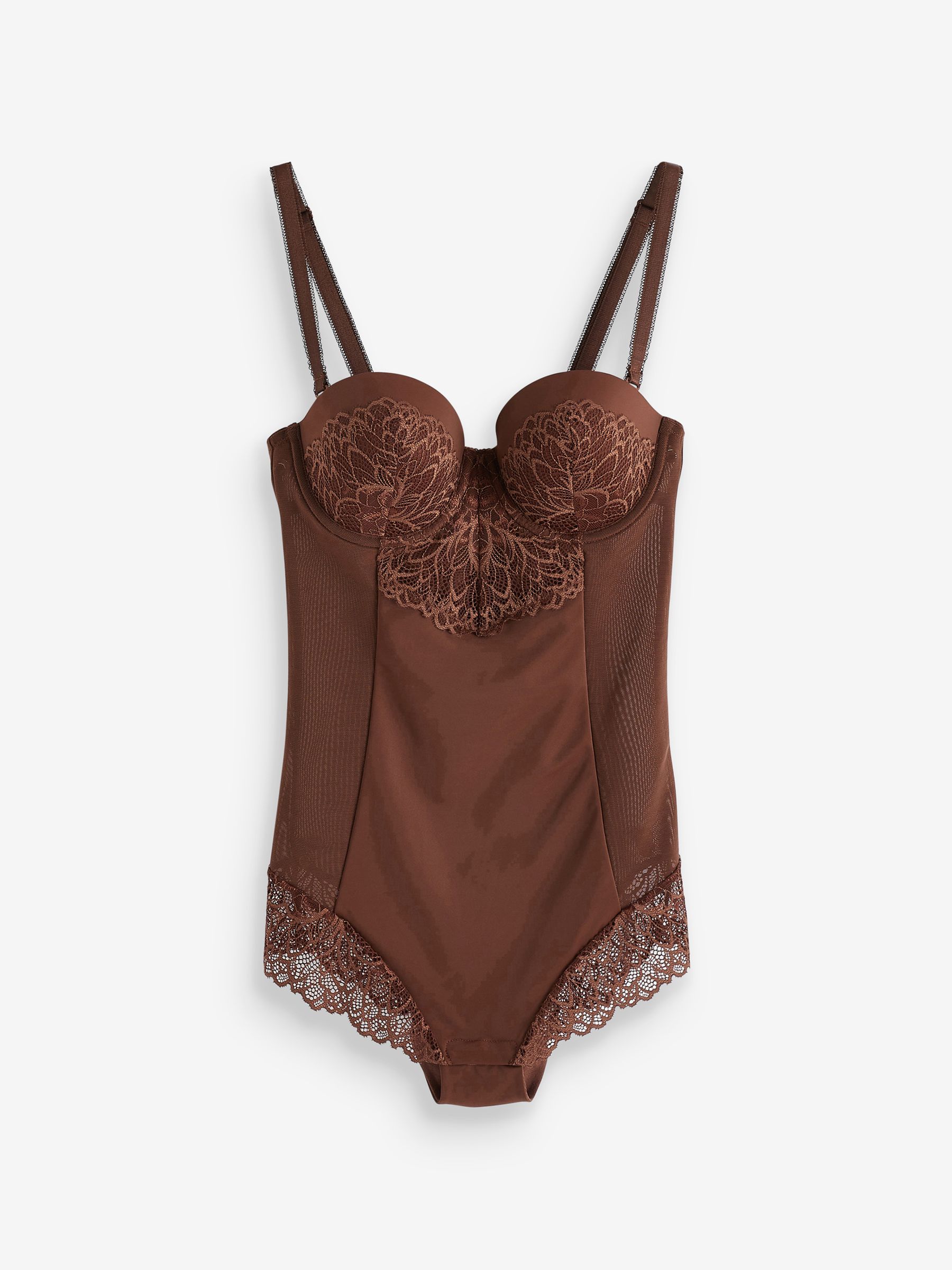 Chocolade nude - Kanten body met cups en sterke buikcorrectie