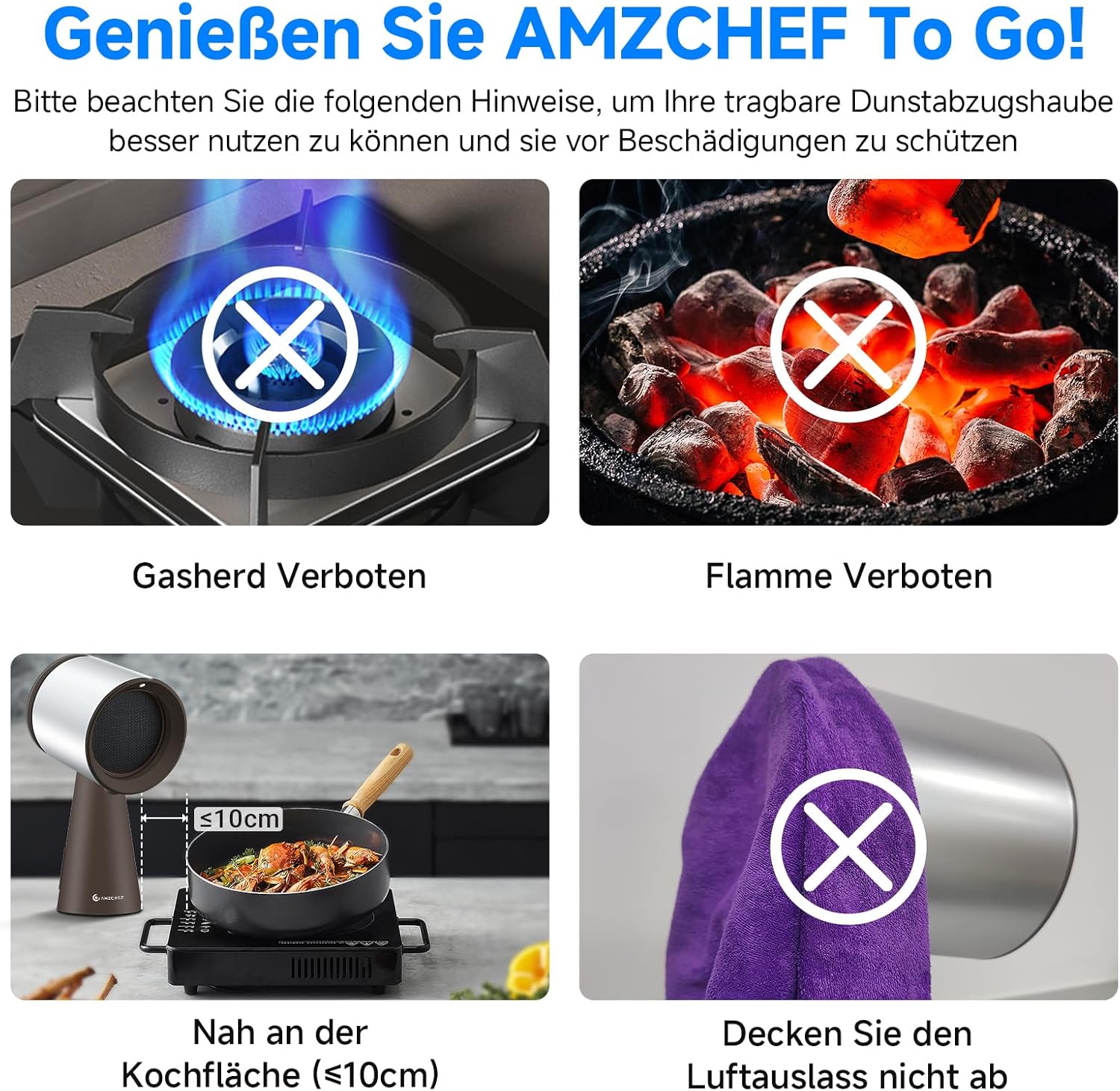 AMZCHEF Mobile Dunstabzugshaube, Tragbare Abzugshaube Keine Installation mit 3 Geschwindigkeitsmodi und Mehrere Filtersysteme, LED-Licht, Große Öl-Auffangschale, Geräuscharmut(Braun)