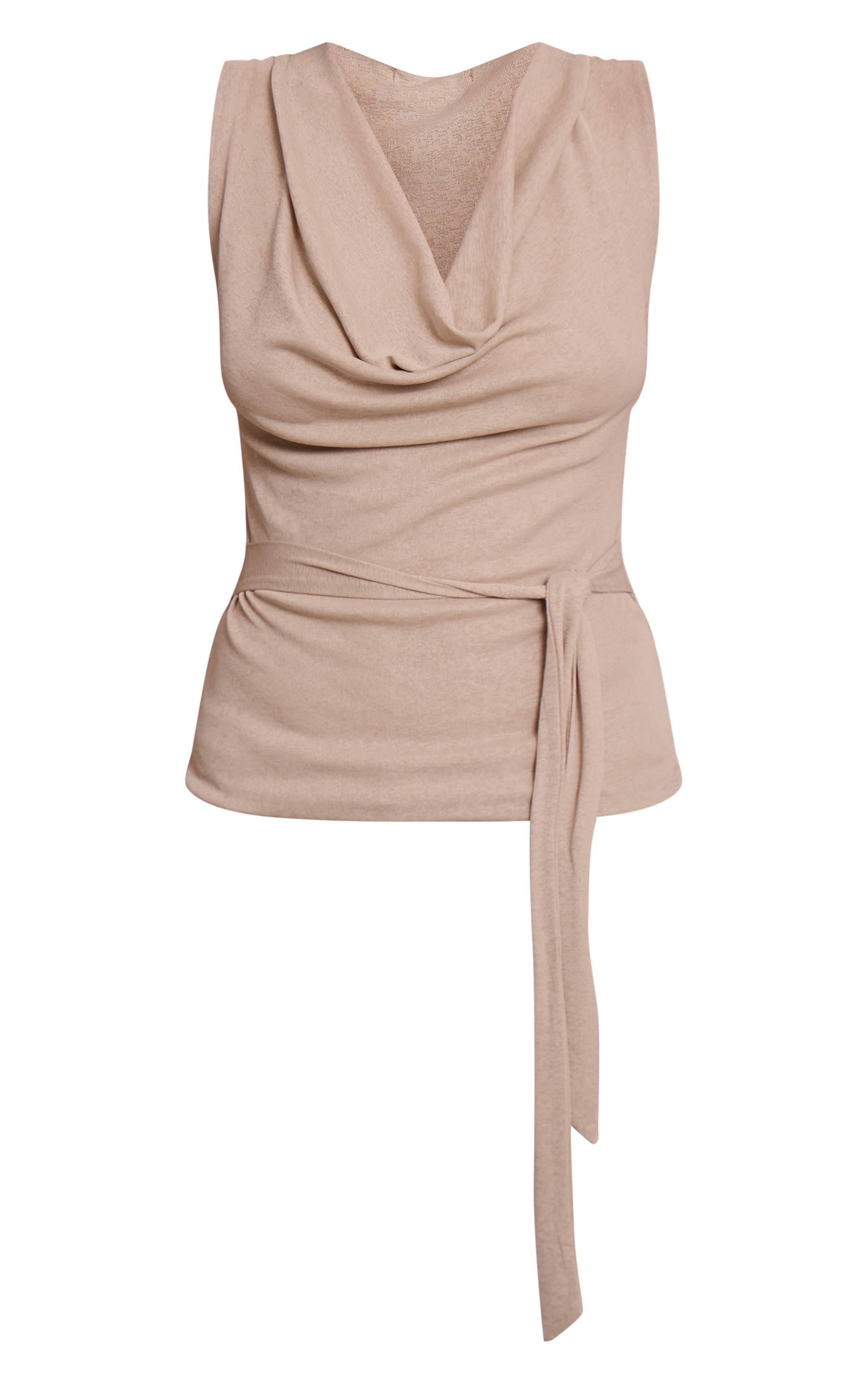 Beige Haut Long Beige En Mesh Dévoré Avec Col Bénitier Et Détail Ceinture Nouée À La Taille
