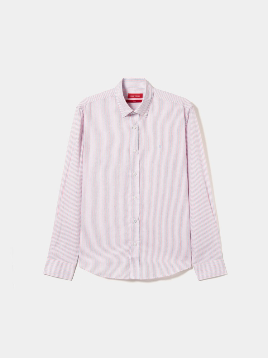 Camisa slim fit às riscas em algodão e liocel