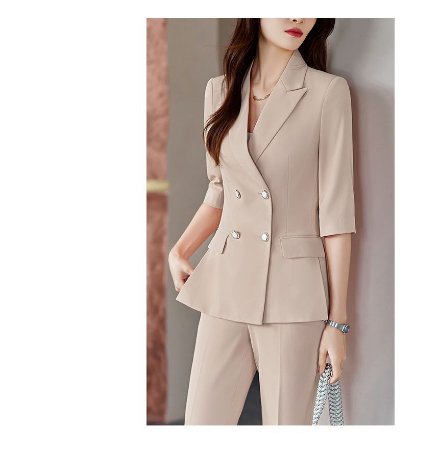 Princess Min - 3/4-mouw effen dubbelrijs blazer / cropped taps toelopende pantalon