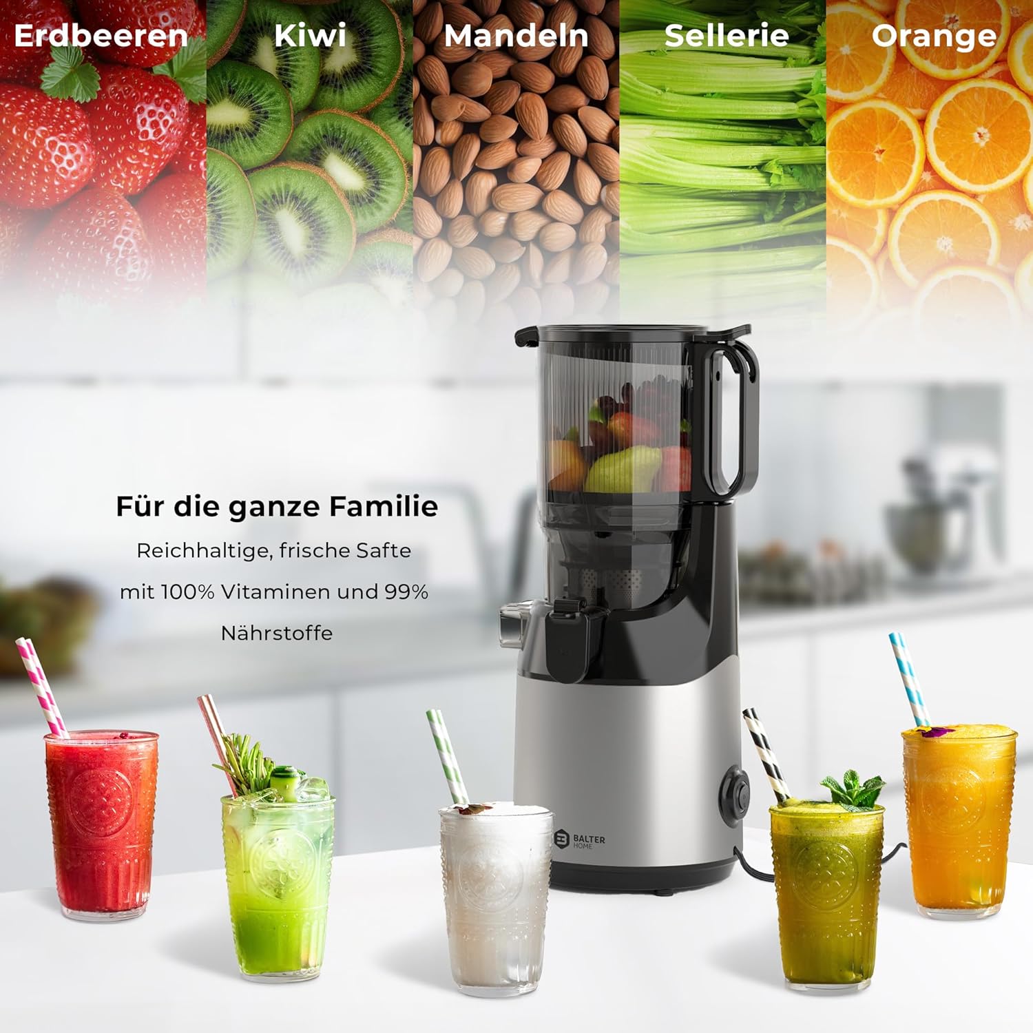Balter Entsafter Slow Juicer, Große 135MM Öffnung, 300 Watt, Entsafter für Gemüse und Obst, Früchte, Saftpresse, BPA Frei, leise