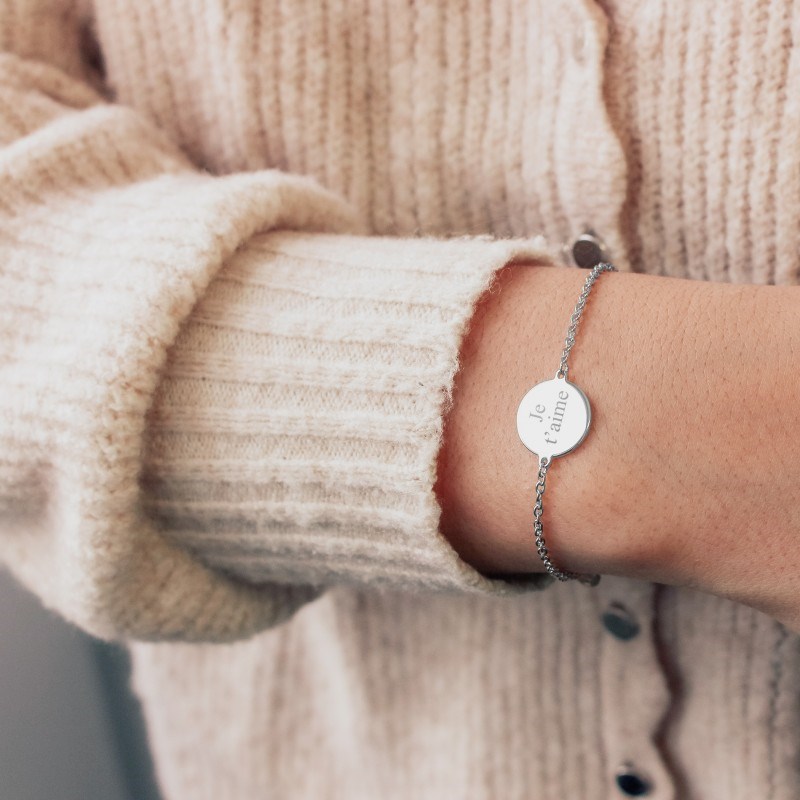 Bracelet chaine médaille argent 925 femme - gravure TOI et MOI