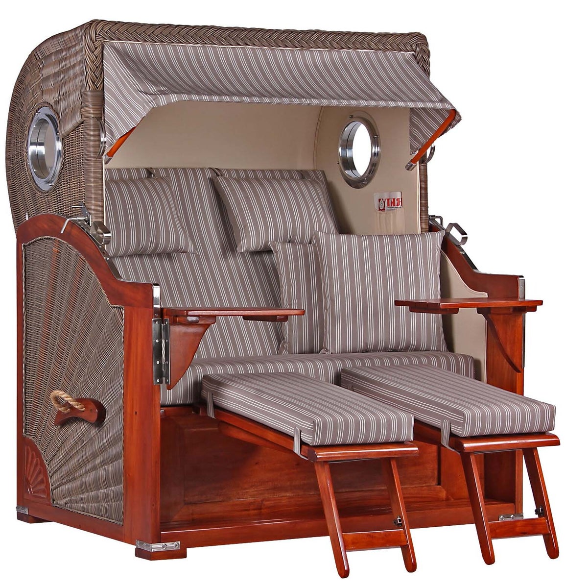Westerland strandstoel, mahonie, patrijspoort, PE grijs, design 501