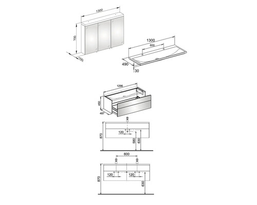 KEUCO Royal Reflex badkamermeubelset, BxHxD 130 x 48 x 49 cm, hoogglans witte fronten, 3-delige badkamermeubelset met witte gegoten mineraalwastafel en spiegelkast met LED-verlichting, wastafelonderkast 39605212200