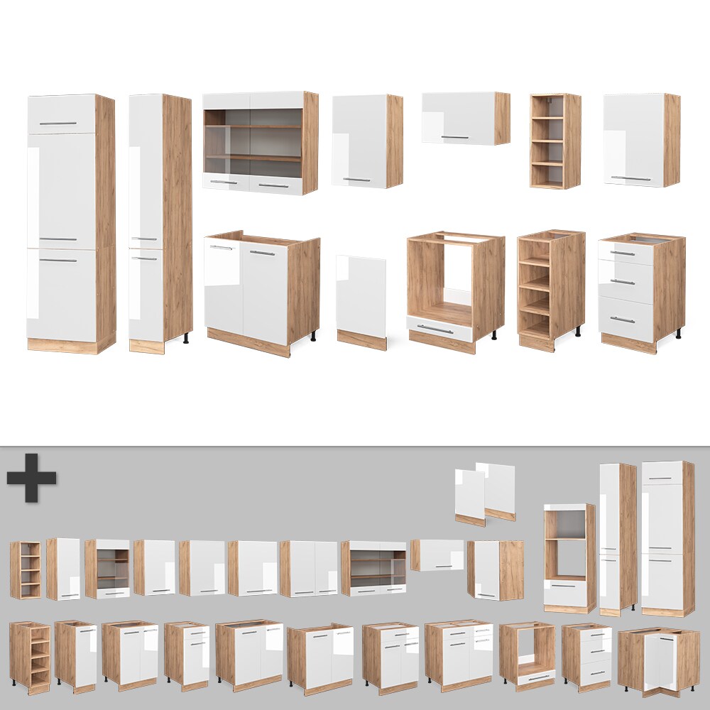 Vicco Küchenzeile Küchenblock Einbauküche Fame-Line Eiche Weiß 355 cm modern Spülenunterschrank Herdumbauschrank Schubunterschrank Hängeschrank Kühlumbauschrank Apothekerhochschrank Unterschrank