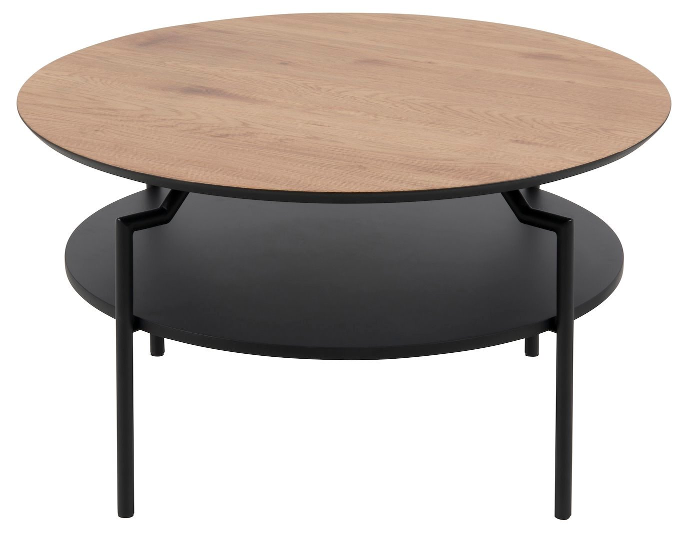 Goldington sofabord Ø80 cm. Vill eik foliert med hylle i sort MDF og sortlakkert stålunderstell.