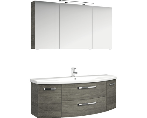 3-delige badkamermeubelset Pelipal xpressline 4010 BxHxD 144 x 200 x 49,5 cm, fronten in grafietstructuur (horizontaal patroon), met witte keramische wastafel en keramische badmeubel, wastafelkast, spiegelkast met LED-verlichting, chromen grepen, 401