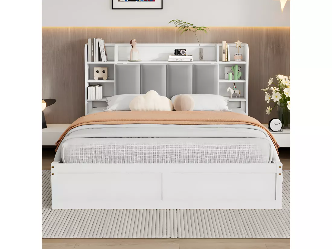 Lit double 140x200cm - en bois de pin et MDF - tête de rangement avec étagères ouvertes et 3 tiroirs - Blanc