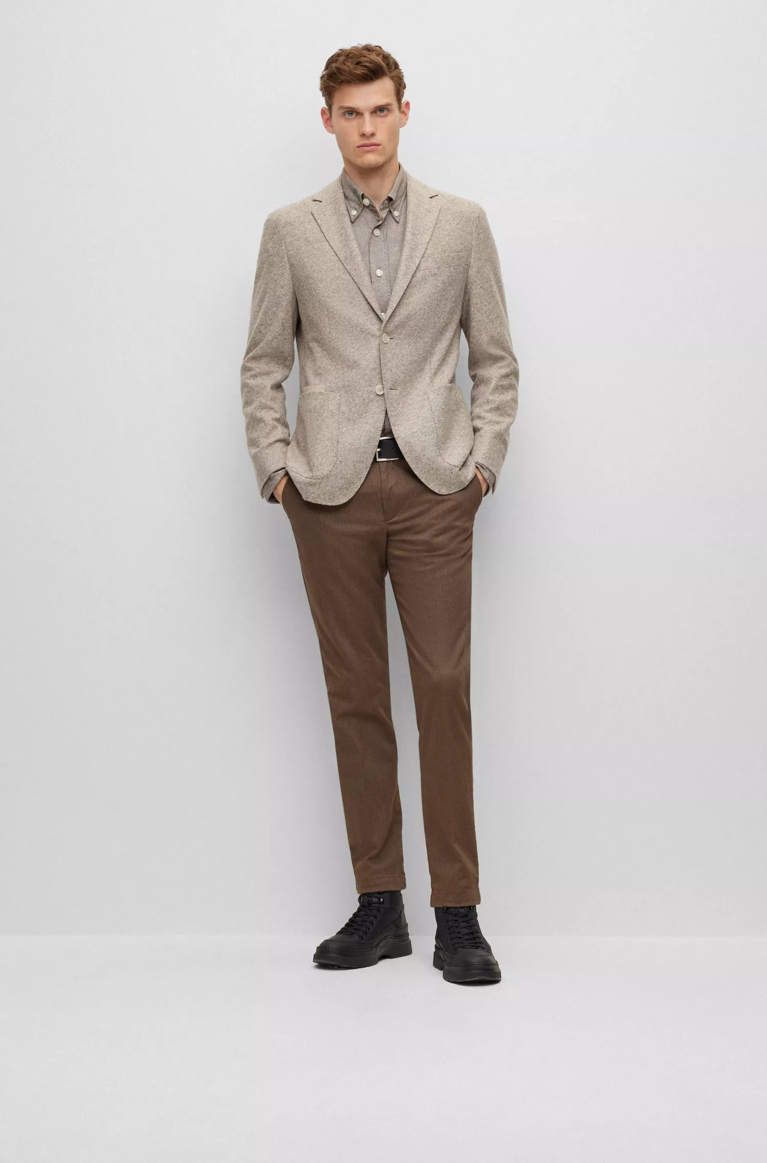 Blazer BOSS preto de corte regular com abotoamento simples em malha espinha de peixe