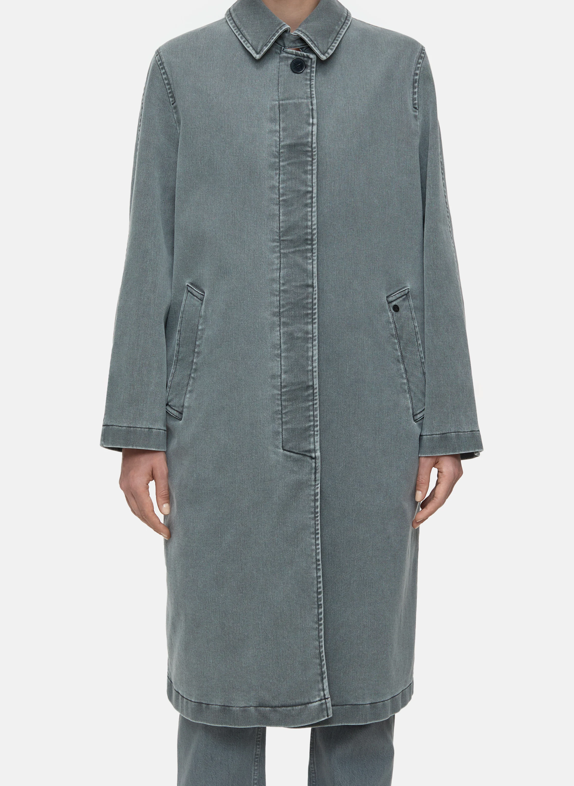 Manteau long droit col classique en coton mélangé | Gris