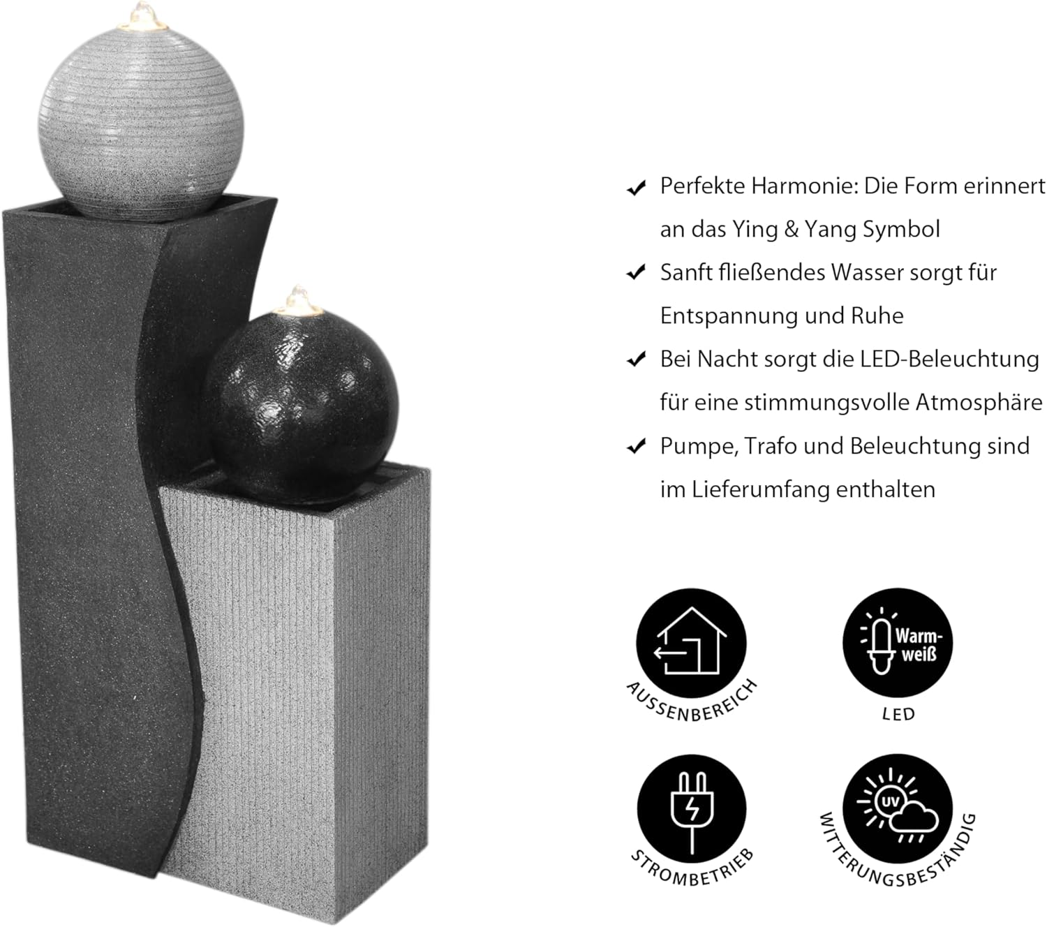 Dehner Gartenbrunnen Ying Yang mit LED Beleuchtung, ca. 94 x 41.5 x 24 cm, Polyresin, grau