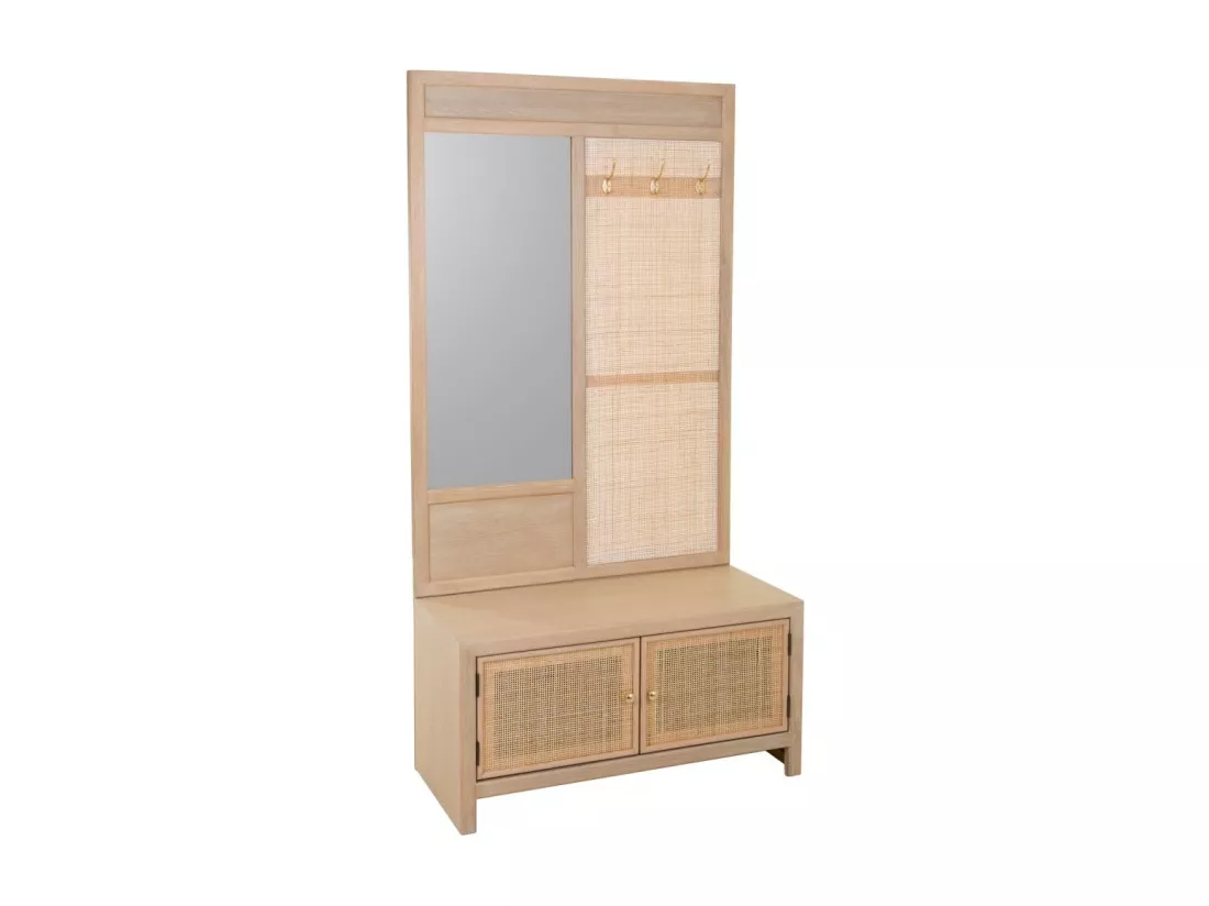 Mobilier d'entrée en bois et grille marron 90x8x181h-90x39x46h