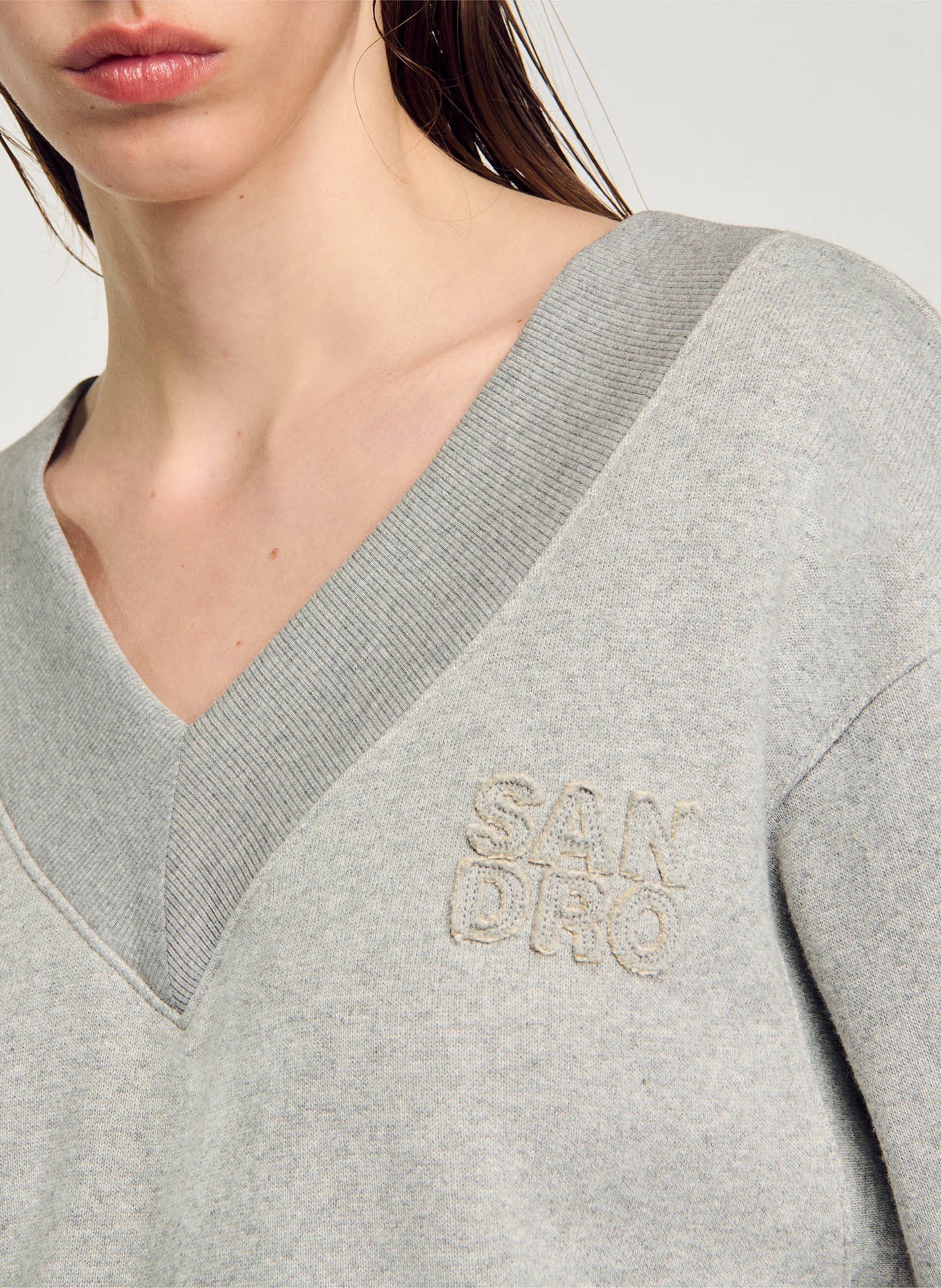 Sweat col V ample en coton mélangé | Gris
