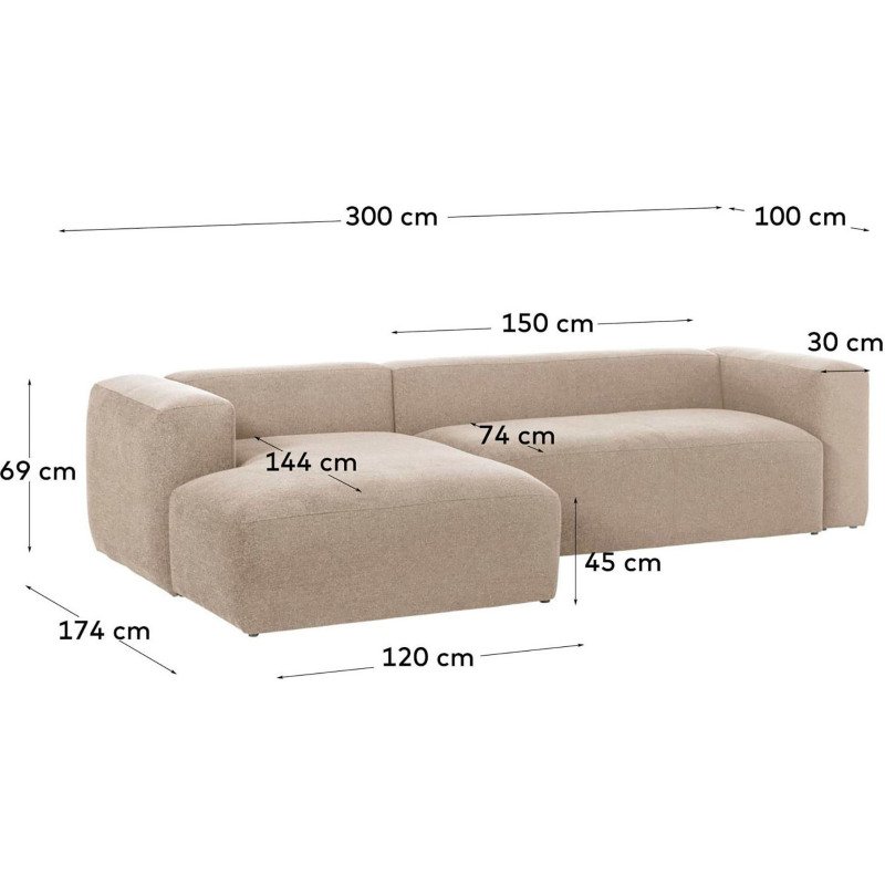 Canapé Blok 3 places beige méridienne à gauche 300 cm