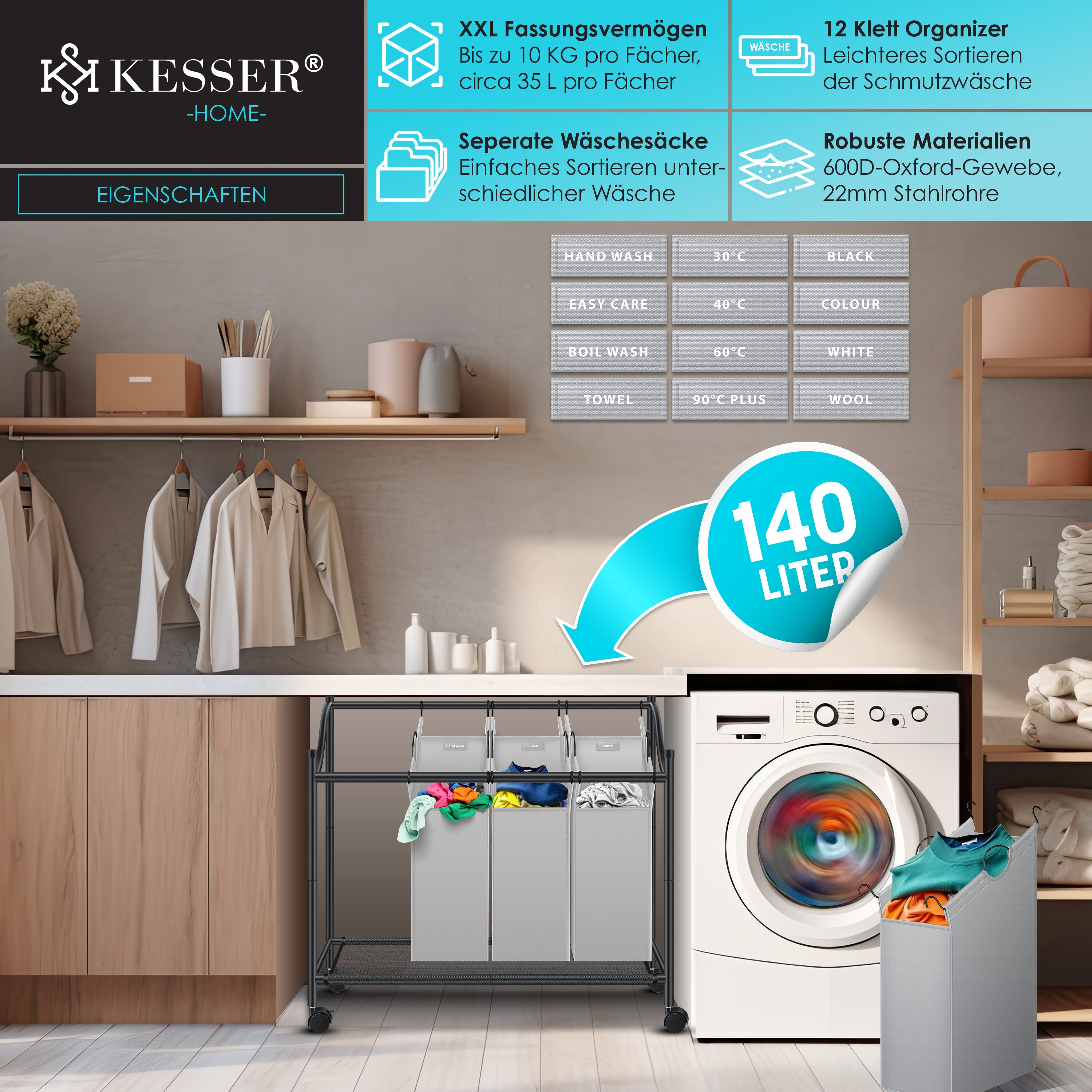 KESSER® Wäschekorb Wäschesammler Wäschesortierer mit abnehmbaren Stofftaschen | Wäschebox mit 12 Waschhinweisen 360° Rollen mit Bremse Wäsche-Sortiersystem Wäschewagen