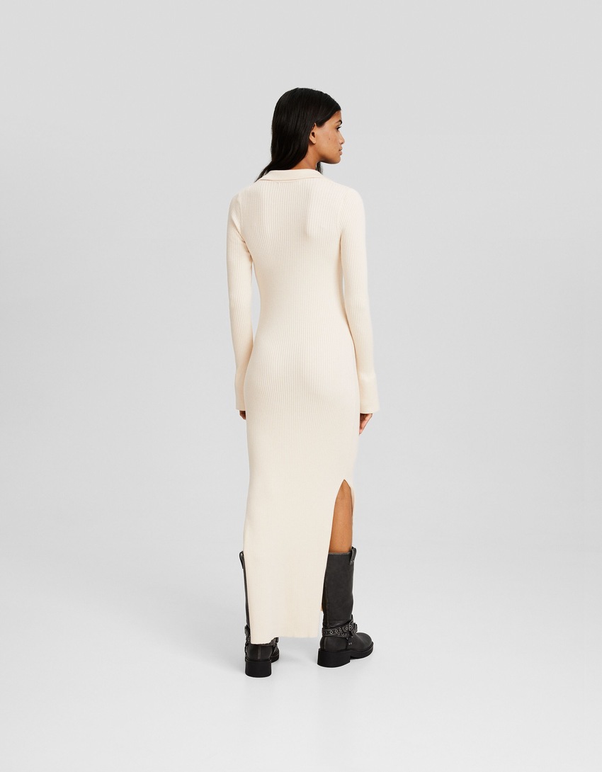 Vestido midi de manga comprida com gola polo