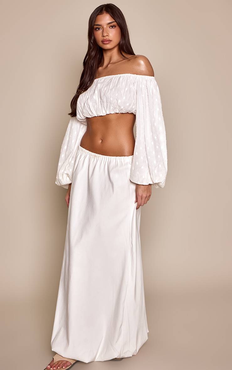 Blanc Haut Bandeau À Manches Bouffantes En Coton Gaufré À Pois