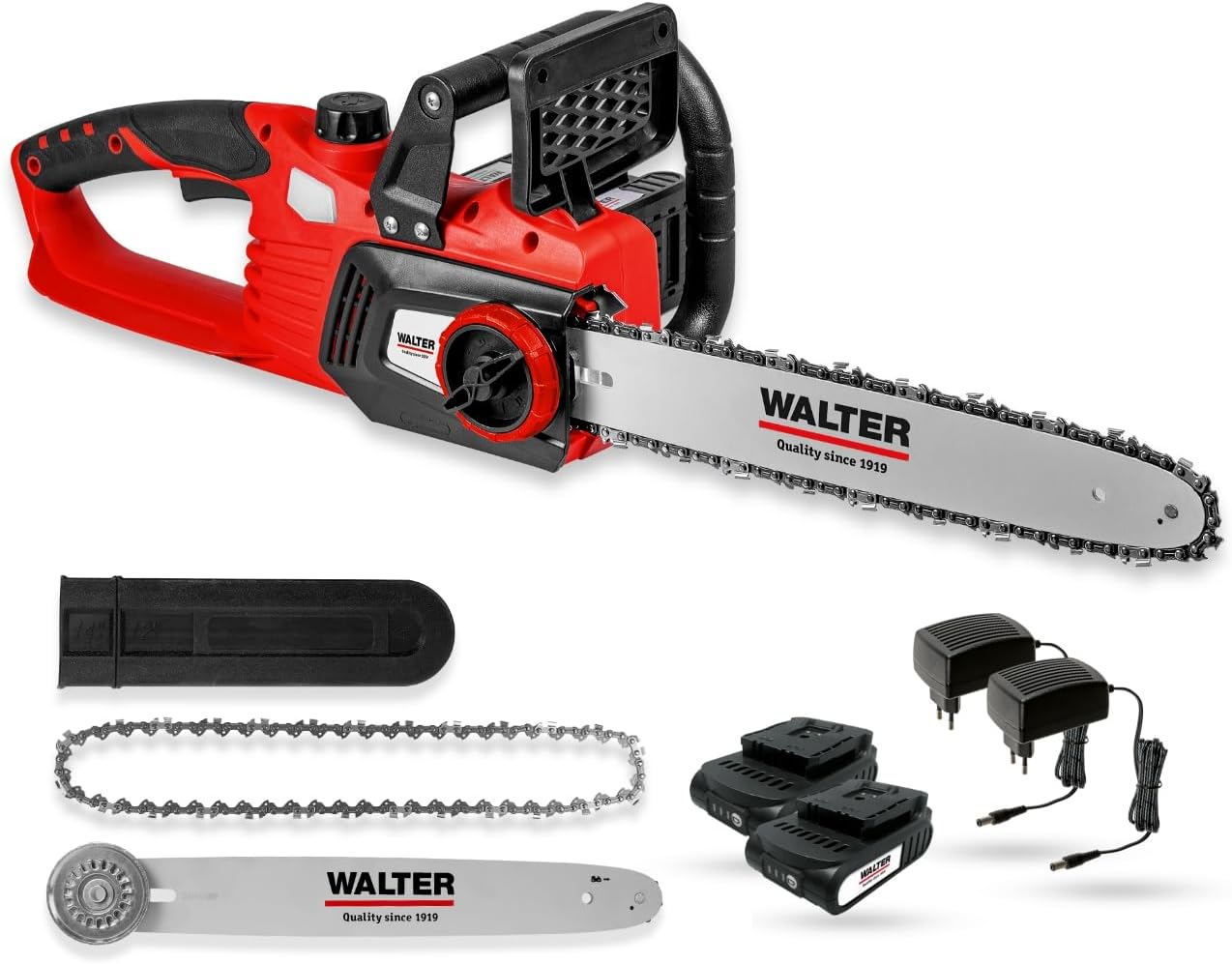 WALTER Li-Ion Akku-Kettensäge 40 V brushless, Kettengeschwindigkeit 13 m/s, Schnittlänge 350 mm, kraftvolle Leistung, leichte Handhabung, ca. 30 min Laufzeit, inkl. Schwert, Sägekette und 2 Akkus