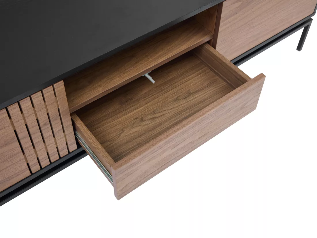 Meuble TV avec 2 portes, 1 tiroir et 1 niche placage noyer et métal - Naturel foncé et Noir - ZINORI