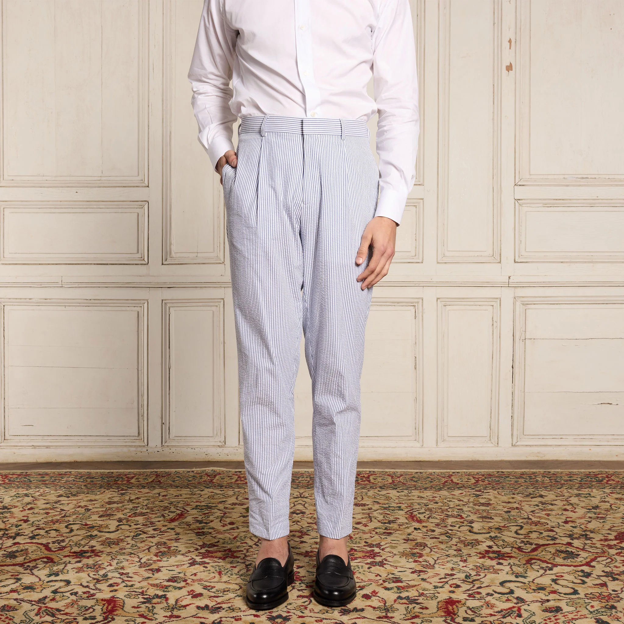 Blue Striped Seersucker Pleated Trousers