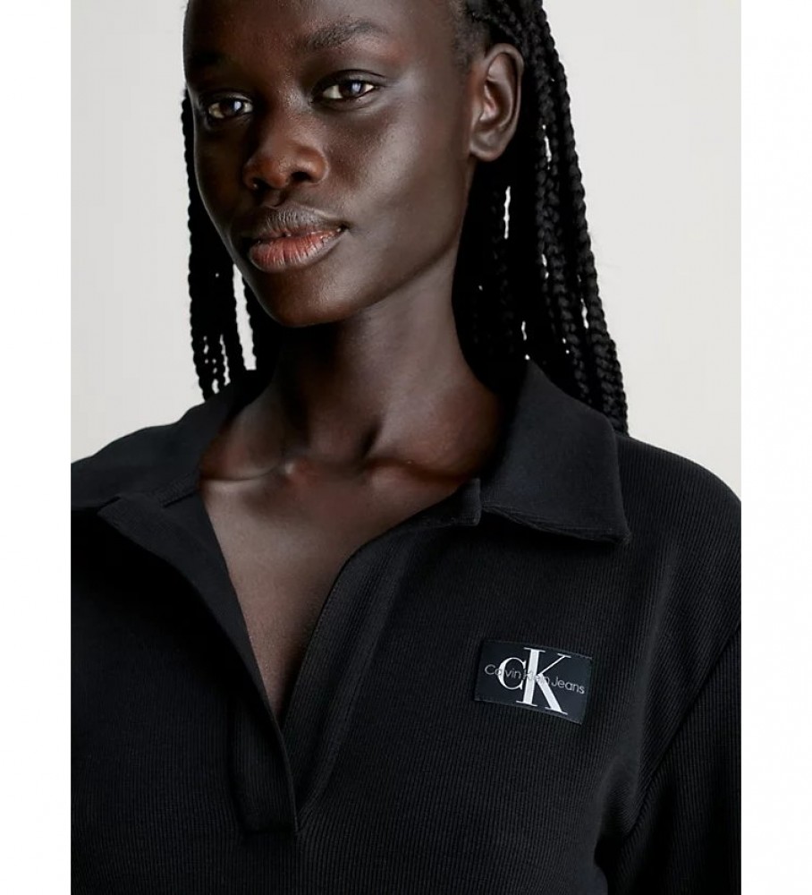 Vestido polo preto canelado de manga comprida Calvin Klein Jeans