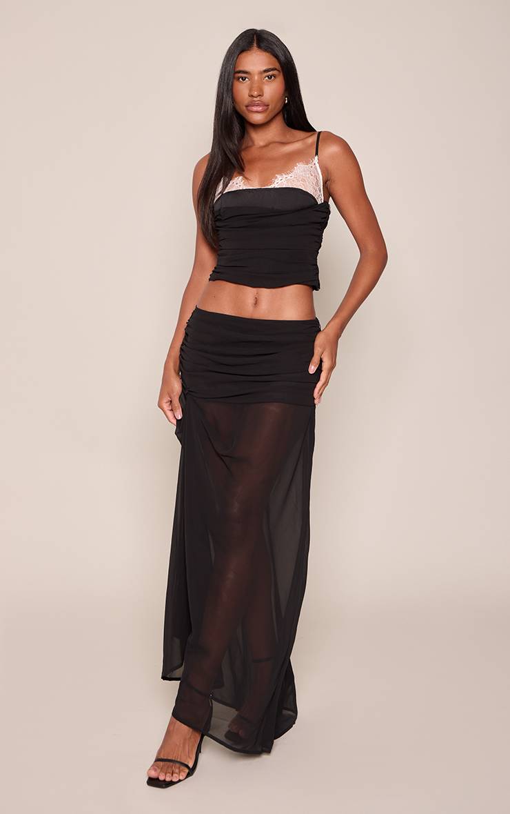 Noir Jupe Mi-longue En Mousseline Avec Taille Froncée Et Détail Drapé