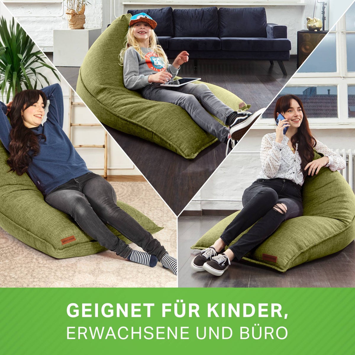 Green Bean Triangle Zitzak 150x100x100cm met 220 liter EPS-korrelvulling - Knuffelzacht en wasbaar - Binnenkussen van stof voor op de vloer, ligstoel en zitkussen - Groen