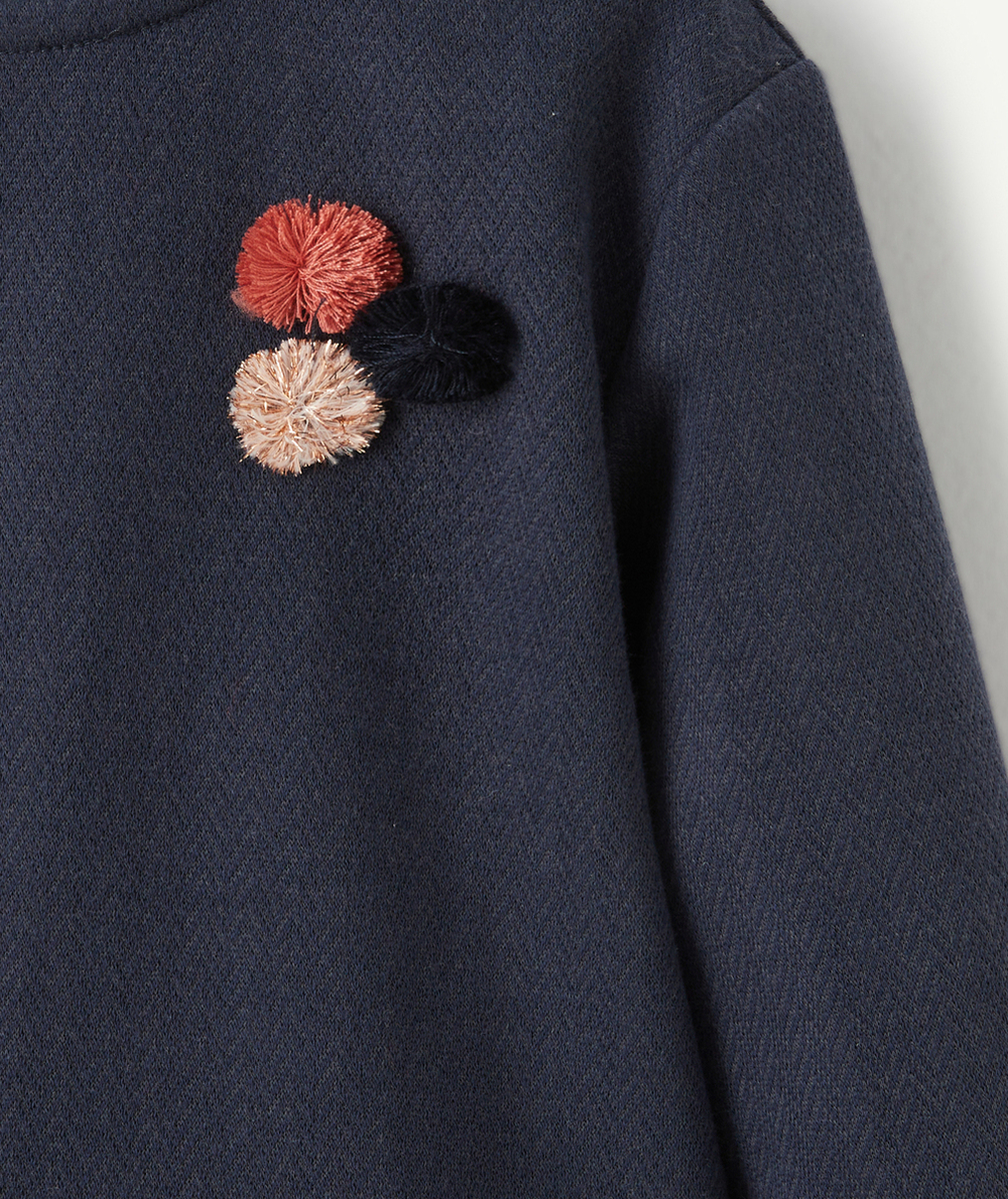 ROBE AVEC PULL INTÉGRÉ BLEU MARINE BÉBÉ FILLE AVEC POMPONS COLORÉS