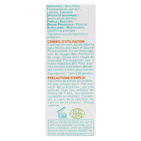Óleo Essencial de Wintergreen Orgânico Puressentiel 10ml