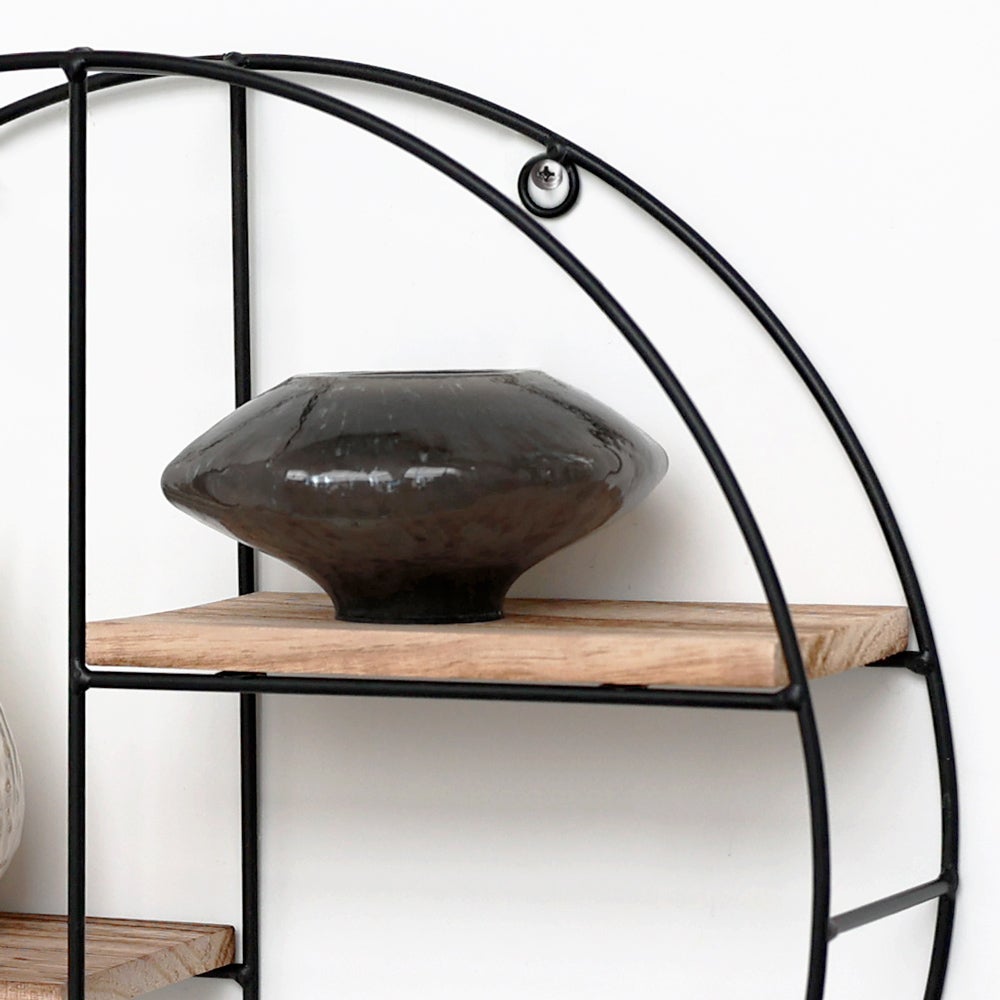 Zwarte metalen wandplank met 2 houten planken - Rond - 37x10 cm