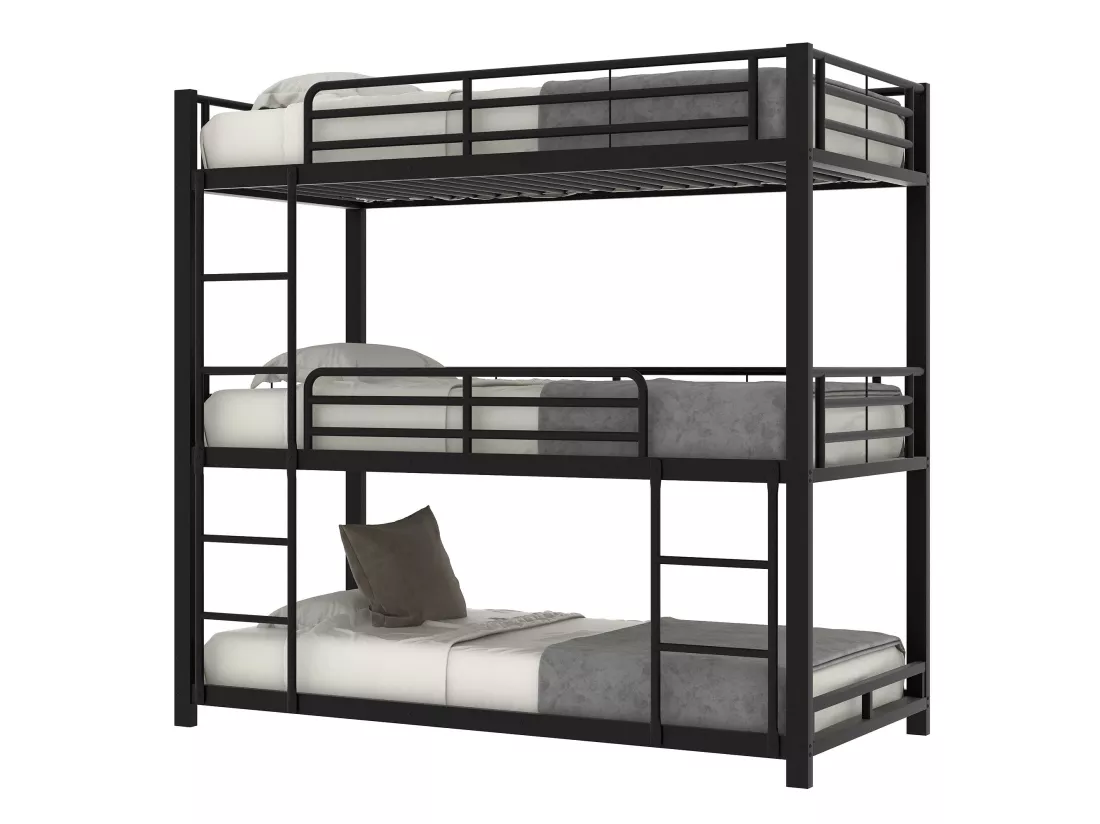 Lit superposé triple pour enfants - 90 x 200 cm - sommier à lattes inclus - métal noir